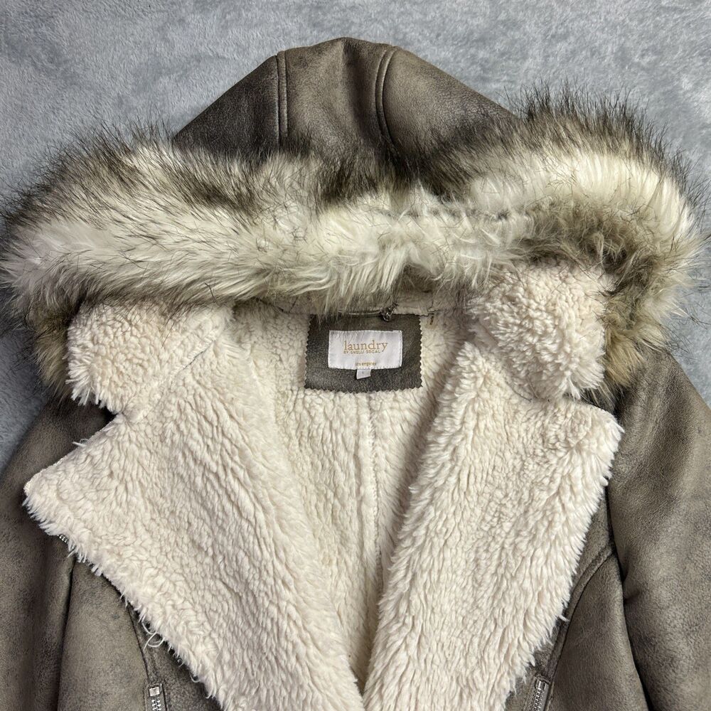 Laundry by Shelli Segal Womens Jacket Faux Fur Hood Faux Suede Sz. Large - Picture 6 of 11